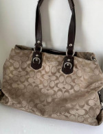 COACH Brown Tan Signature Logo Leather and Sateen Shoulder Bag Purse