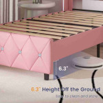 HOMBCK King Bed Frame with Headboard, Upholstered Platform Bed with Wingback Design, Modern Diamond Bed Frame with Tufted Deep Button, No Box Spring Needed, Easy Assembly, Pink