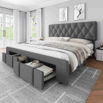 Full Queen King Size Bed Frame Upholstered Headboard Platform w/ Storage Drawers