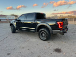 2019 Ford Raptor in black color, showcasing the rear view with panoramic roof and off-road tires.