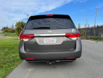 Rear view of a 2014 Honda Odyssey EX-L in Smokey Topaz color parked in a grassy area.
