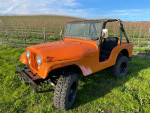 1972 Jeep CJ5 with new parts, lifted suspension, and fresh tires parked in a vineyard.