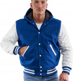 Varsity Base Letterman Hoodie Jacket Bright Royal Blue Wool, White Lea