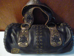 Betsey Johnson Brown Leather Grommet Beaded Barrel Bag Purse
